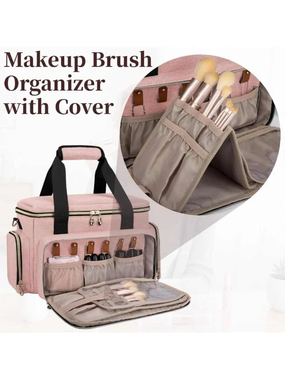 Large Portable Makeup Organizer Bag with Removable Pouches & Dividers - Pink